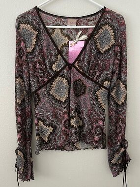 Y2K Daytrip Brown Pink Paisley Mesh Bell Sleeve Babydoll Top Sz L Boho Fairy NWT